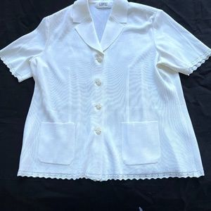 CARTE Knit Top Short Sleeve Collared Vintage Lace Flower Buttons Pockets Cream L